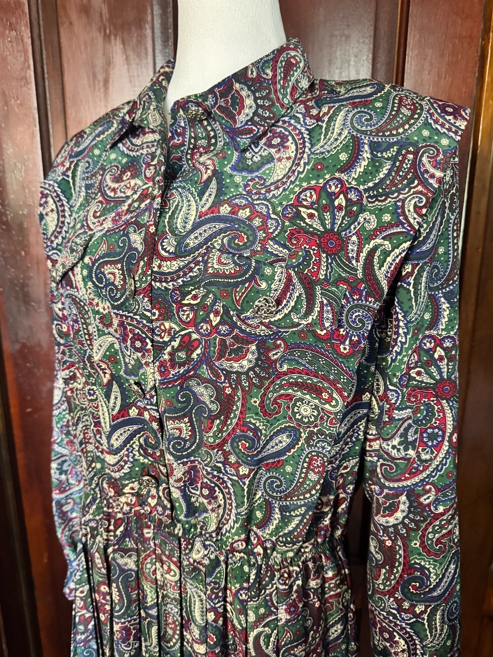 Vintage Leslie Fay Paisley Dress Size 16 Petite Metal Buttons Pleated Skirt